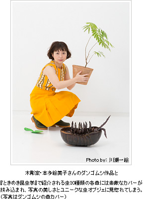 木彫家・本多絵美子さんのダンゴムシ作品と『ときめき昆虫学』で紹介される虫20種類の各章には素敵なカバーが挟み込まれ、写真の美しさとユニークな虫オブジェに見惚れてしまう。（写真はダンゴムシの章カバー）  Photo by: 川瀬一絵