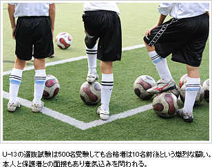 U-13の選抜試験は500名受験しても合格者は10名前後という熾烈な闘い。本人と保護者の面接もあり意気込みを問われる。